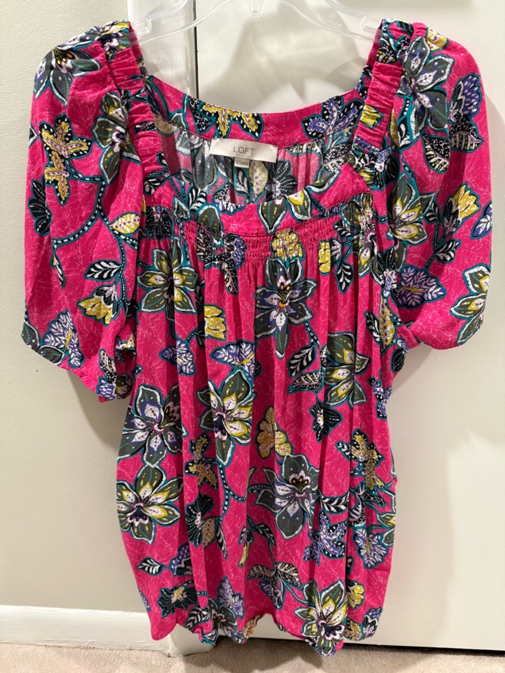 LOFT Hot Pink Floral Smocked Short Sleeve Tunic